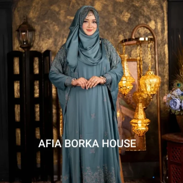 Sayara 𝗣𝗿𝗲𝗺𝗶𝘂𝗺 𝗦𝗮𝗳𝗳𝗿𝗼𝗻 Jafran 𝗙𝗮𝗯𝗿𝗶𝗰𝘀 Abaya Sky Blue Colour
