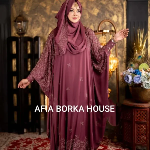 Sayara 𝗣𝗿𝗲𝗺𝗶𝘂𝗺 𝗦𝗮𝗳𝗳𝗿𝗼𝗻 Jafran 𝗙𝗮𝗯𝗿𝗶𝗰𝘀 Abaya Dark Purplish Colour