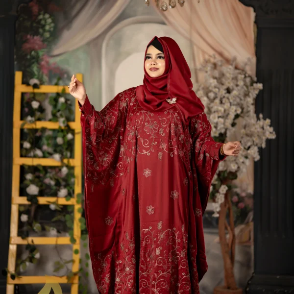 Luxury Jafran 𝗙𝗮𝗯𝗿𝗶𝗰𝘀 Embroidery Abaya Merun Colour