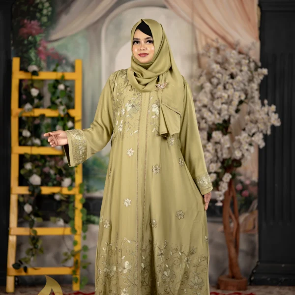 Maliha Jafran 𝗙𝗮𝗯𝗿𝗶𝗰𝘀 Embroidery BORKA Light Olive Colour